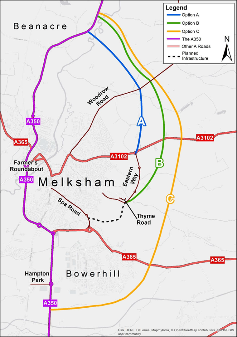 Map showing three possible bypass options of different lengths and routes to the East of Melksham.